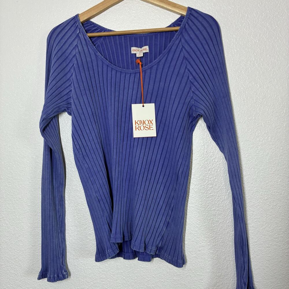 Knox Rose Shirt Womens Medium Blue Ribbed Long Sleeve Scoop Neck Stretch Jersey